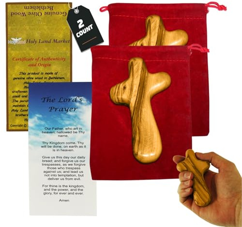 Holy Land Market Easy to Hold Pocket Crosses - Handmade from Bethlehem - Set of 2 Large Wooden Crosses with Certificates, Prayer Cards, and Velvet Bags - Inspirational Gift for Christians