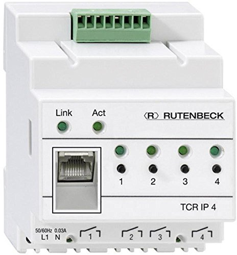 Rutenbeck IP-Schaltaktor R-Control IP4 (TCR IP 4) - Fernschaltgerät, REG | 4 Ausgänge, Steuerung per App & Webbrowser, TCP/IP Hutschienen-Montage, 4TE, Pufferung bei Stromausfall, Zeitschaltuhr