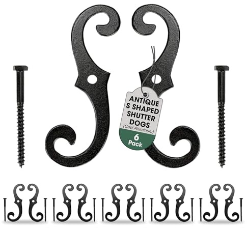 Renovators Supply Manufacturing Pack of 6 Black S Style Shutter Dogs 6.5 Inch Solid Aluminum Exterior Shutter Holders RSF Rust Resistant Decorative Window Hardware with Screws