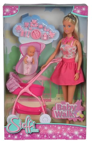 Simba 105733067 - Steffi LOVE Barnvagnspromenad - Steffi med Hennes Nyfödda Bebis och Barnvagn Inklusive fler Tillbehör, 29 cm och 7 cm, Från 3 år