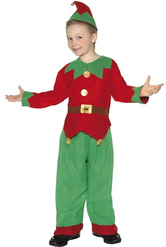 SMIFFYS Costume Elfo, rosso e verde, con tunica, pantaloni e cappello Halloween
