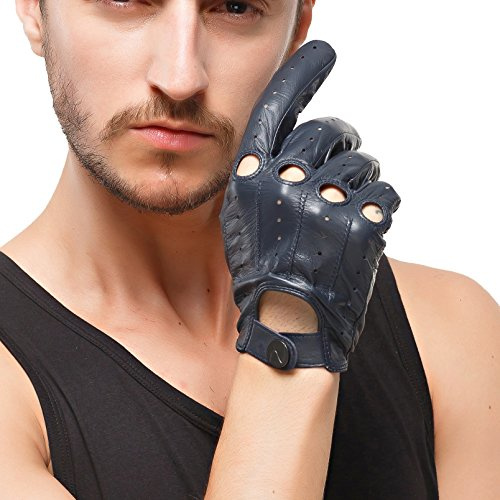 Nappaglo Herren Lederhandschuhe für fahren italienisches Lammfell Ungefüttert Motorrad Radfahren Touchscreen Handschuhe (M (Umfang der Handfläche:20.3-21.6cm), Dunkelmarineblau(Touchscreen))