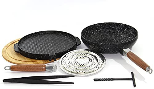 Padelle Tonda Doppia Cottura Del Testo Romagnolo In Pietra Lavica Antiaderente Liscia e Grigliata + Padella Wok + sottopentola in legno Sagomato + Spargifiamma Effetto Forno Black cm28