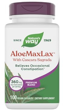 Nature's Way AloeMaxLax, Premium Blend, Relieves Occasional Constipation*, with Cascara Sagrada, 360 mg per Serving, Vegan, 100 Capsules (Packaging May Vary)