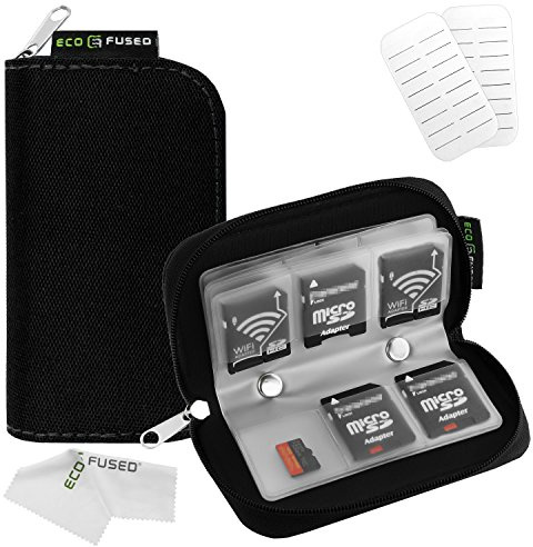 Speicherkarten- Tragetasche - Geeignet für SDHC und SD Cards - 8 Seiten und 22 Slots - ECO -kondensierten Mikrofaser Reinigungstuch Inklusive (Schwarz)