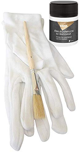 1 x Kreul Anlegemilch 50ml flüssiger Spezialkleber Kleber Klebstoff für Blattgold Blattmetall Blattmetall Blattsilber + 1 Paar Vergolderhandschuhe + 1 Pinsel