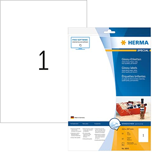HERMA 8895 Hochglanz Etiketten für Inkjet Drucker, 10 Blatt, 210 x 297 mm, 1 pro A4 Bogen, 10 Stück, selbstklebend, bedruckbar, glänzend, blanko Klebeetiketten Aufkleber für Tintenstrahldrucker, weiß