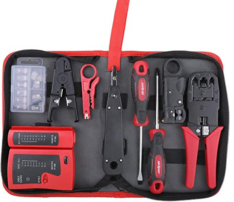 Hi-Spec 9pc Network Cable Tester Tool Kit Set for CAT5, CAT6, RJ11, RJ45. Ethernet LAN Crimper, Punchdown, Coax Stripper & More