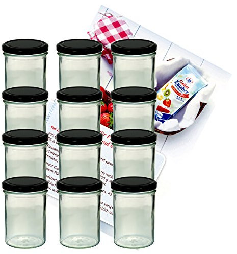 MamboCat 12er Set Sturzglas 435 ml Marmeladenglas Einmachglas Einweckglas to 82 schwarzer Deckel incl. Diamant-Zucker Gelierzauber Rezeptheft