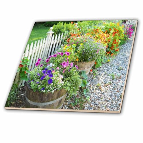 3dRose Country Garden White Picket Fence n Crates of Wildflowers 12 Inch Ceramic Tile