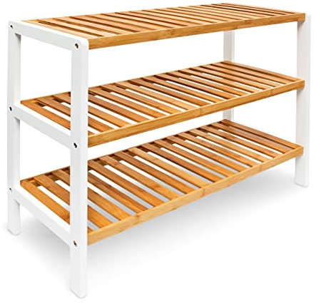 Relaxdays Schuhregal aus Bambus HxBxT: ca. 54,5 x 70 x 24,5 cm Schuhschrank mit 3 Ablagen Schuhablage für 9 Paar Schuhe als Schuhständer und Schuhaufbewahrung aus Holz stabiles Regal, natur und weiß