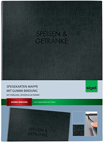 SIGEL SM111 Speisekarten-Mappe mit Gummi-Bindung für A4, schwarz mit eleganter Leinenstruktur und edler Blindprägung Speisen und Getränke, strapazierfähig und leicht abwischbar | SM111, Gummi-Bindung, mit edler Leinenstruktur, strapazierfähig und leicht abwischbar