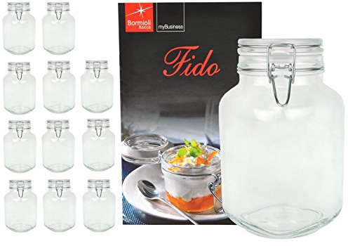 Lot de 12 bocaux de conservation - Modèle Fido - Avec fermeture à étrier - Contenance de 3 l - AvecLivret de recettes Bormioli