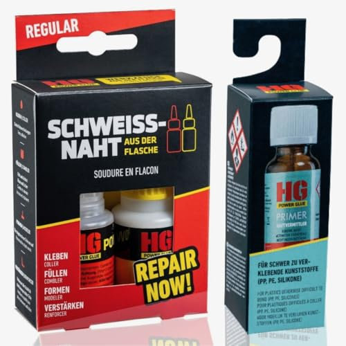 HG POWER GLUE Die Schweißnaht aus der Flasche - Kraftkleber Set mit Primer für PP, PE, Silikon, Teflon - Kleber für Kunststoffe, Plastik, Gummi, Stein, Keramik - chemikalienresistent, hitzebeständig