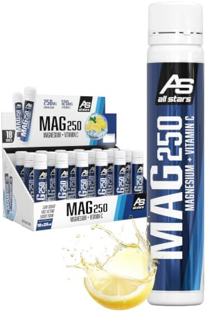 ALL STARS Mag 250 Trinkampullen 18 x 25 ml Magnesium flüssig + Vitamin C | Magnesium hochdosiert 250mg + 120mg Vitamin C pro Trinkfläschchen, Mineralstoff- & Vitamin-Komplex für Sportler entwickelt