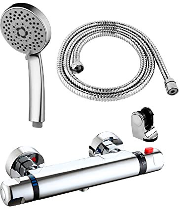 Grifo termostático de ducha Cáceres, con flexo, soporte y mango de ducha incluidos