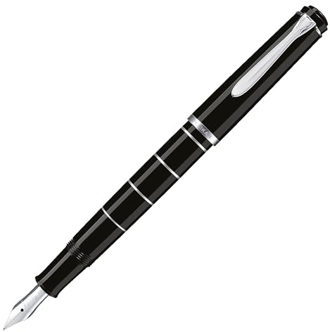 Pelikan Füllhalter Classic 215, Schwarz-Ringe, Feder EF (extra-fein), hochwertiger Kolbenfüller im Geschenk-Etui