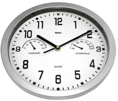 Mebus 06992 Quarz Wanduhr mit Thermometer / Hygrometer, Quarzwerk, Ø 25cm, silber (1 Stück)