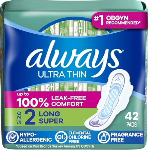 Always Ultra Thin, Feminine Pads For Women, Size 2 Long Super Absorbency, With Wings, Unscented, 42 Count