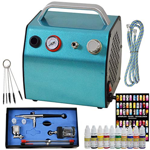 SET AEROGRAFO Compresor I Set de PINTURAS y PLANTILLAS de Uñas, Cepillos de Limpieza, COMPRESOR AEROGRAFO, PISTOLA AEROGRAFO UNIVERSAL incl. 3 Boquillas/Agujas y accesorios