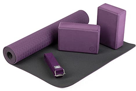 Bodhi Yoga Starter-Set Komplett | Rutschfeste Yogamatte aus TPE inkl. 2 Yogablöcken aus Eva (Moosgummi) und 1 Yogagurt aus Baumwolle | Einsteiger-Set für Yoga-Anfänger | lila