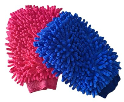 Besmelody Guantes de limpieza de casa y lavado de automóviles, guantes de microfibra para quitar el polvo del hogar, lavar y limpiar el esmalte más rápido (paquete de 2, rosa/azul)