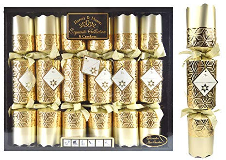 Royle Exquisite Collection Box of 6 Premium Christmas Crackers 13.5 Wide Barrelled - Gold Xmas Decorations Games Tableware Party
