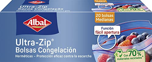 Albal Bolsas Congelación Ultra Zip 1 Litro, Fabricadas con 70% de Materiales Reciclados, Muy Resistentes, Reutilizables, Reciclables, Cierre Ultra-Zip Hermético, 20 Bolsas Medianas. Libres de BPA