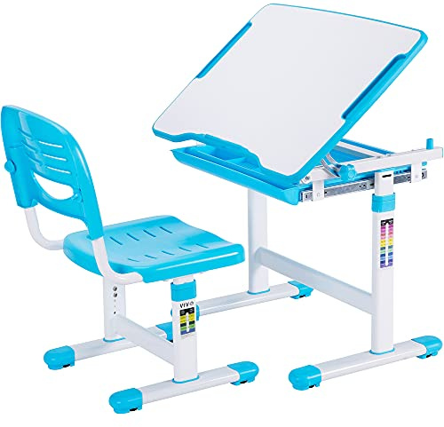 VIVO Height Adjustable Children's Desk and Chair Set, Kids' Multifunctional Interactive Workstation for School Writing Study Play, Tilting Desktop with Pullout Storage Drawer, Blue, DESK-V201B
