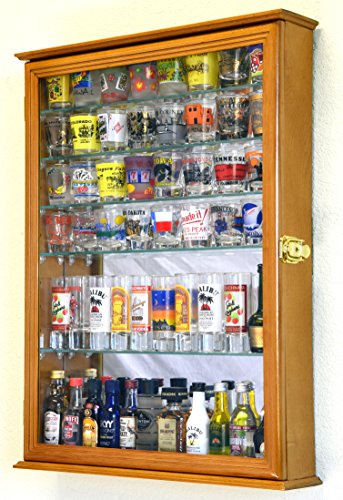 Large Mirror Backed and 7 Glass Adjustable Shelves Shot Glass Glasses Shooter Display Case Holder Cabinet Shotglass, Oak