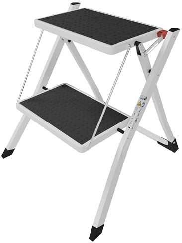 HOME VIDA 2 Step Ladder Compact, Heavy Duty Steel, Portable Folding, Anti-Slip Mat, Home, Kitchen, DIY, Gardening Step Ladder, 150kg Max Capacity
