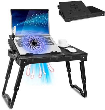 Laptop Table for Bed, Bed Table Trays for Eating and Laptops with Adjustable Laptop Stand, Multi-Functional Lap Desk with Internal Cooling Pad, LED Desk Lamp, 4 Port USB Hub, Mouse Pad