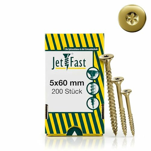 Jet-Fast Premium Universalschrauben 5,0 x 60 mm, 200 Stück, Duo-Senkkopf, Selbstbohrspitze, Vollgewinde, TX, Gelb Verzinkt, Holzschrauben, Spanplattenschrauben, Cut-Spitze, German Quality