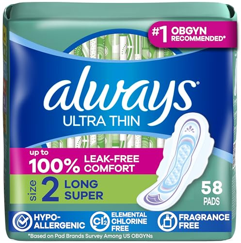 Always Ultra Thin Pads with Wings, Size 2, Long Super, 58 Count