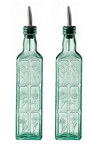 Country Home Fiori Glass Olive Oil/Vinegar Bottles with Stainless Metal Pourers (50cl) (Set of 2)