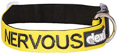 NERVOUS (Give Me Space) gul färgkodad S-M L-XL hundhalsband förhindrar olyckor genom att varning andra om din hund i förväg (L-XL)