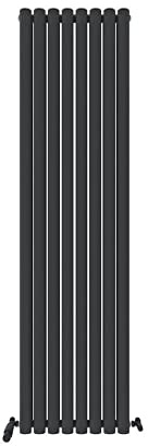 iBathUK Strata Wall-Mounted Vertical Double Oval Panel Radiator, 8-Column Steel High Thermal Output Hydronic Central Heating, Designer Modern Radiator in Matt Anthracite, 1800 × 472mm