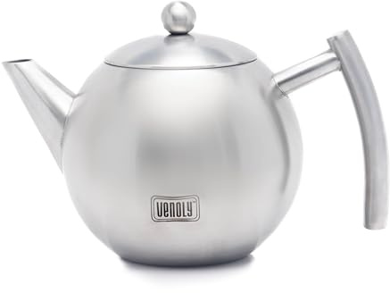 Venoly Théière en acier inoxydable avec infuseur amovible pour feuilles en vrac et sachets de thé, eau chaude à ébullition rapide, passe au lave-vaisselle et résistante à la chaleur (argent, 1,5