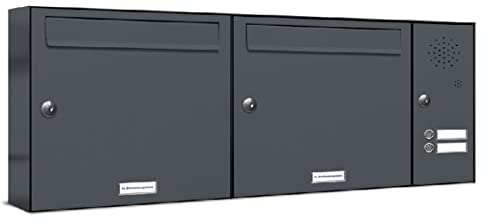 AL Briefkastensysteme 2er Briefkastenanlage mit Klingel Anthrazit Grau RAL 7016, Premium Doppel-Briefkasten DIN A4, 2 Fach Postkasten modern Aufputz