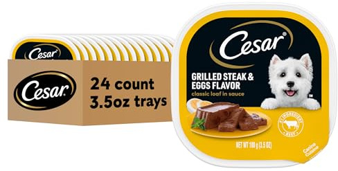 Cesar Classic Loaf in Sauce Adult Wet Dog Food Grilled Steak & Eggs Flavor, 3.5 oz. Easy Peel Trays, 24 Count (Pack of 1)