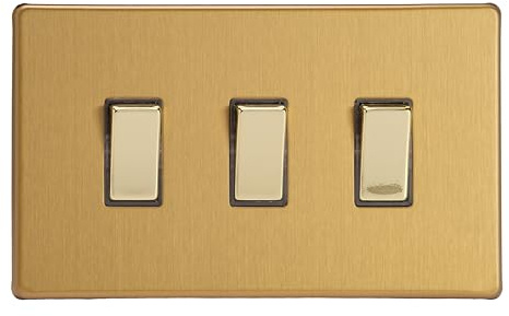 Varilight 3-Gang 10A 1- or 2-Way Rocker Light Switch (Twin Plate) Brushed Brass XDB93S, 86x147x25mm