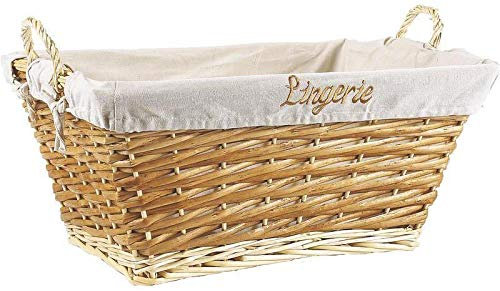 AUBRY GASPARD - Corbeille à Linge Éclisse Buff - Doublure Amovible Coton Brodée Lingerie - Osier Blanc - 56x40x31 cm - Artisanale - Légère avec 2 Poignées Transport