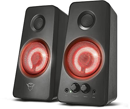 Trust Gaming GXT 608 Tytan Enceinte PC Gamer 2.0 pour Ordinateur, 36 W, Éclairage LED, Alimentation USB, Jack 3,5 mm, Haut Parleur pour Ordinateur Portable, Tablette, Smartphone - Noir/Rouge