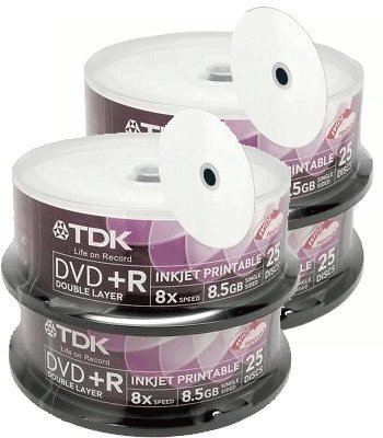 QUAD-PAK 4-Tubs of 25 (=100) TDK DVD+R Doube-Layer DL 8.5GB Inkjet Printable Full Face White Top in cake tub (Ritek S04-66) (EAN 4902030324568)