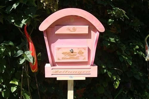 HBK-RD-PINK Briefkasten mit Holz - Deko aus Holz rot pink rosa rosarot umweltfreundlich lasiert mit Lasur auf Wasserbasis Briefkästen Holzbriefkästen Postkasten Runddach mit echt Holzschindel ausgef