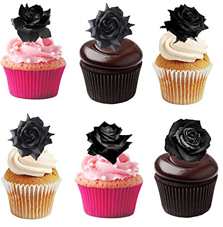 30 Halloween Black Rose Flower Edible Wafer Paper Cake Toppers Decorations