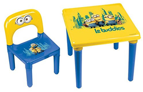 Minions Meine Kinder-Tisch und Stuhl/Offizieller Vorschulkinder Schreibtisch und Stuhl, Alter 3+, Bob/Kevin/Stuart 'Le buddies' Kindermöbel-Set, Starker Kunststoff Made in France Gelb/Blau