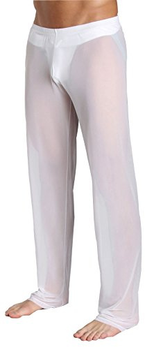 Herrbyxor transparent nät nattkläder män sexiga underkläder nylonbyxor män nät genomskinliga långa byxor sheer byxa herrbyxor nättyg av finaste tylltyg, Vit, L