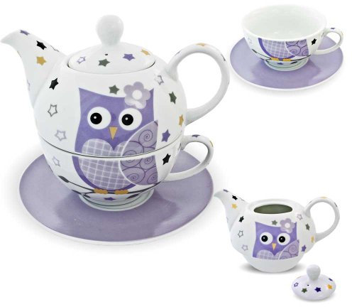 Porzellan Tee Set Tea for one Teeservice Teekanne Tasse Untersetzer Eule lila weiß