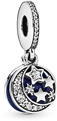 Pandora Passions Charm pendant Lune et Étoiles en argent avec zircones cubiques transparentes et émail bleu